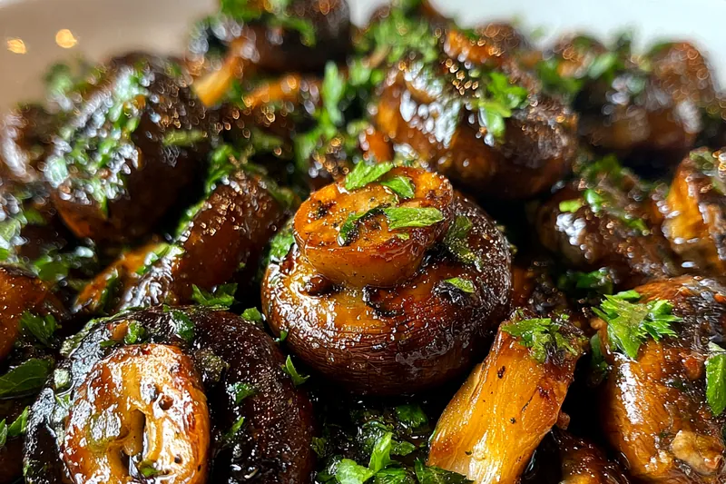 Fresh raw cremini mushrooms, garlic cloves, butter block, and fresh parsley on a wooden cutting board