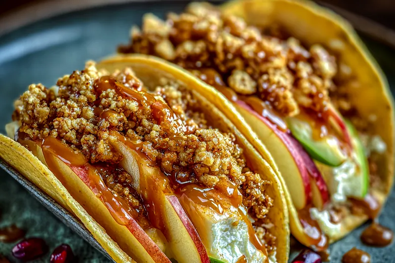 Close up of assembling the tacos, piping white cream into golden brown cinnamon shells.