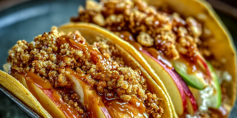 Three dessert tacos filled with white cream, sliced apples, and crumble topping, drizzled with caramel on a dark plate.