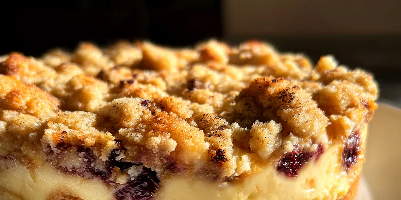Delicious Blueberry Crumble Cheesecake served on a plate
