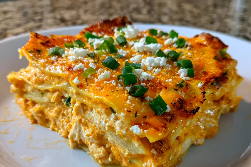 A delicious Buffalo Ranch Chicken Lasagna Delight, freshly baked and ready to serve.