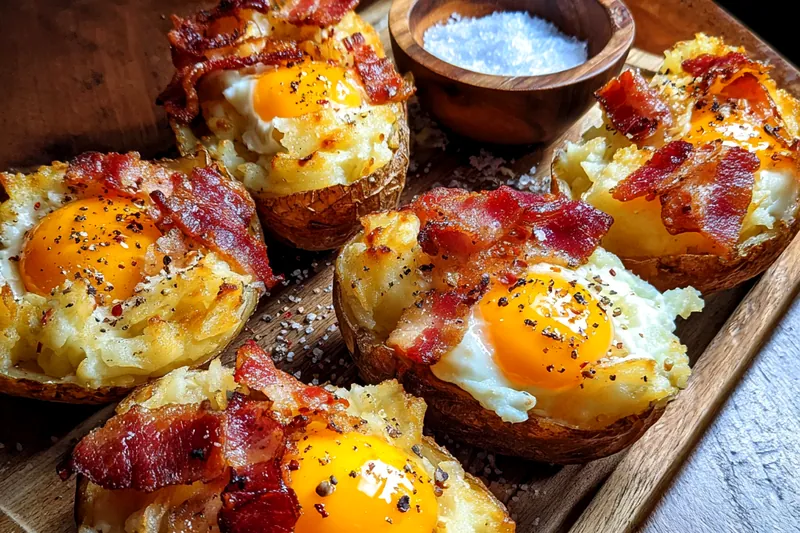 Cooking process for Cheesy Bacon Egg Potatoes