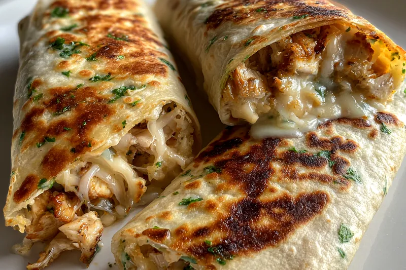 Chef Mitchell skillfully cooking Cheesy Garlic Chicken Wraps in a skillet, showcasing the melting cheese.