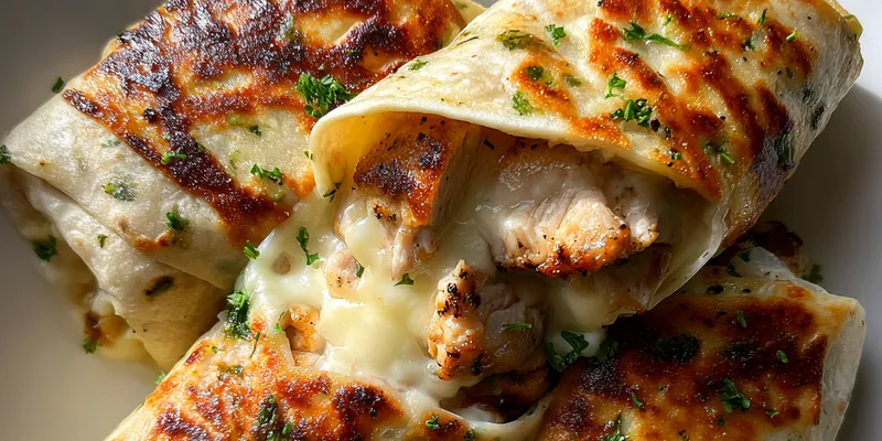 A plate of Cheesy Garlic Chicken Wraps with fresh ingredients and a side of dipping sauce.