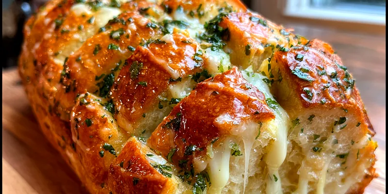 Golden brown pull-apart bread loaf oozing with white cream cheese and glistening with herb garlic butter on a wooden board