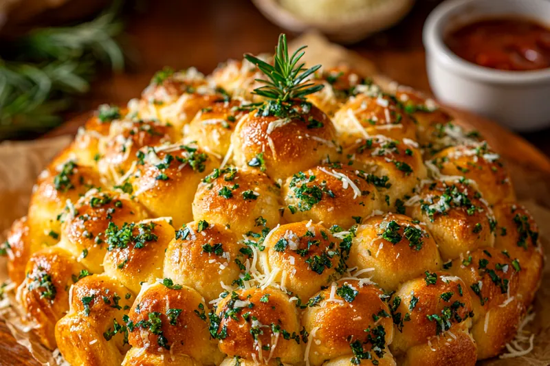 A close-up of Cheesy Holiday Pull-Apart Bread being pulled apart, showcasing the melted cheese and delicious filling.