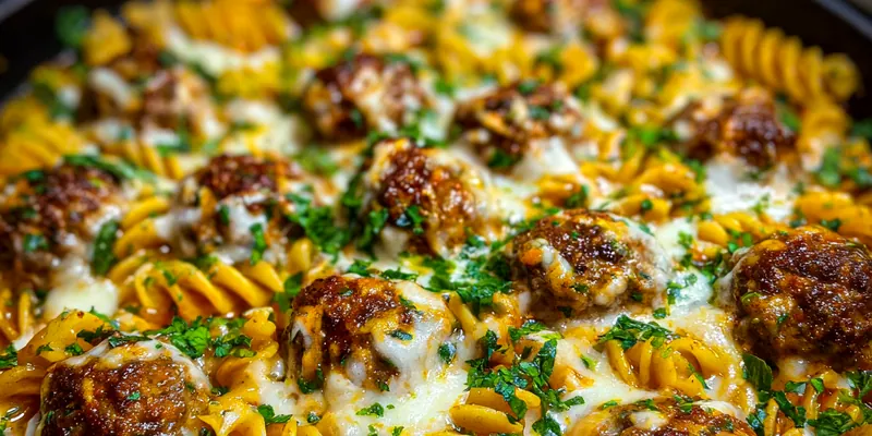 Delicious Cheesy Meatball Pasta Bake served on a plate