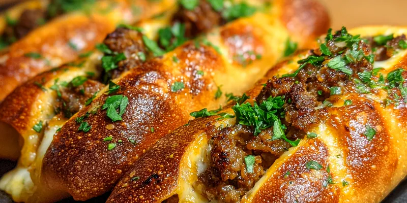 Golden brown cheesy Philly breadsticks on a wooden platter, garnished with herbs and served with marinara sauce.