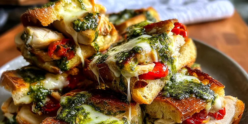 Stack of golden toasted chicken pesto sandwiches with melted mozzarella and roasted red peppers on a ceramic plate