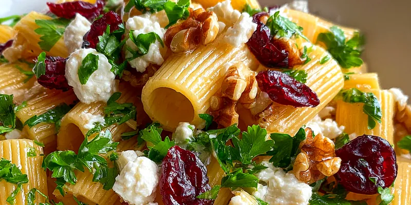 Delicious Cranberry Feta Rigatoni Salad served on a plate