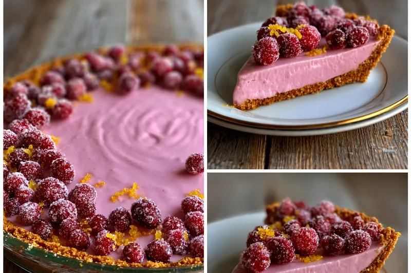An assortment of fresh cranberries, lemons, sugar, and eggs on a wooden table.