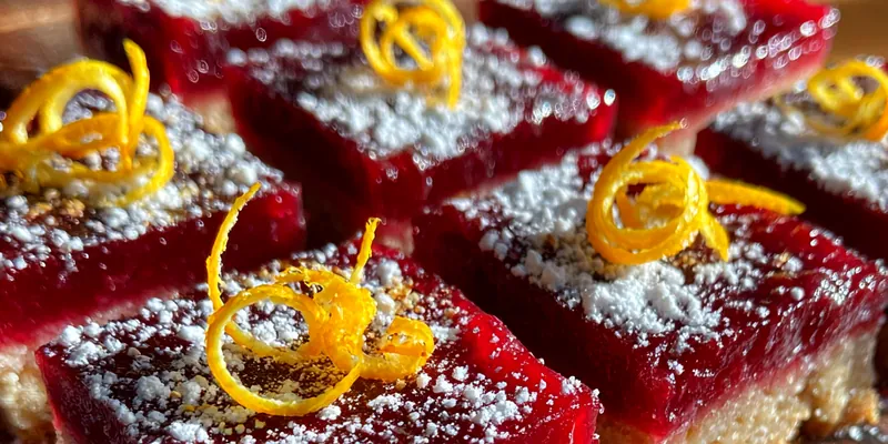 A beautifully arranged plate of Cranberry Walnut Shortbread Bars with fresh cranberries and walnuts in the background.