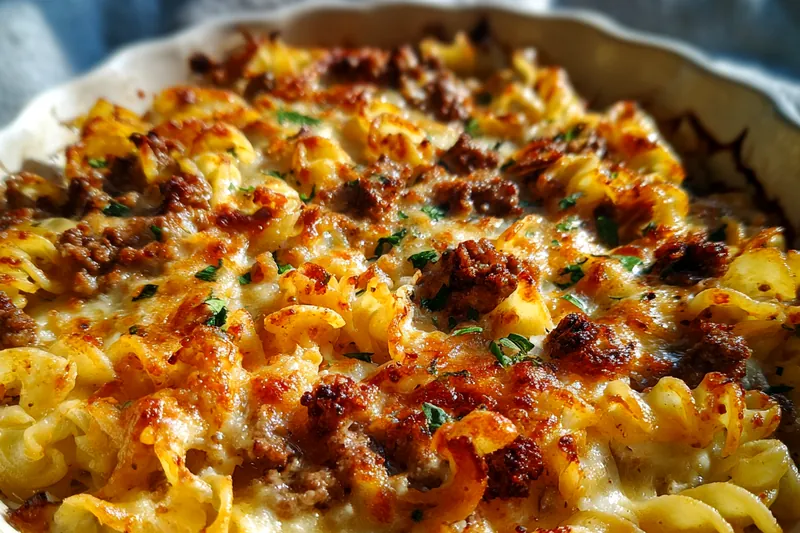 Fresh ingredients for Creamy Beef Noodle Casserole
