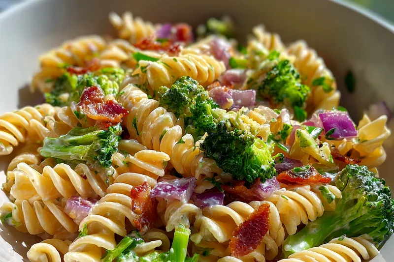 A colorful display of ingredients for Creamy Broccoli Pasta Delight including pasta, broccoli, garlic, and cream.