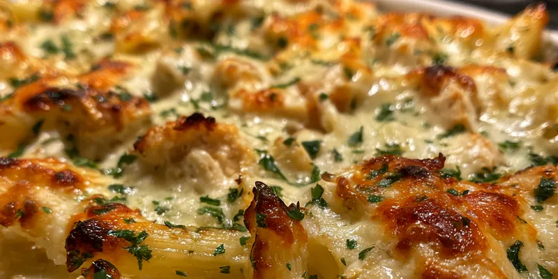 Delicious Creamy Chicken Alfredo Bake served on a plate