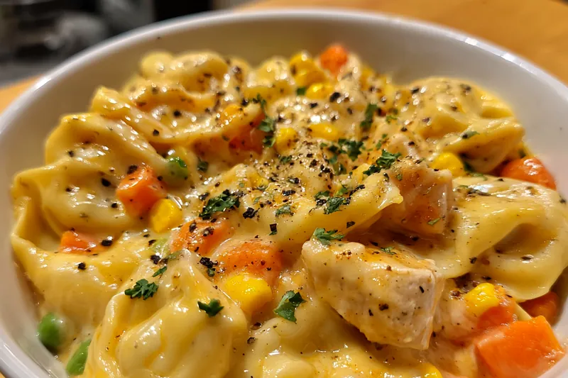 Ingredients for creamy chicken tortellini: bag of pasta, bowl of peas carrots corn, heavy cream, parmesan, and cooked chicken on a counter