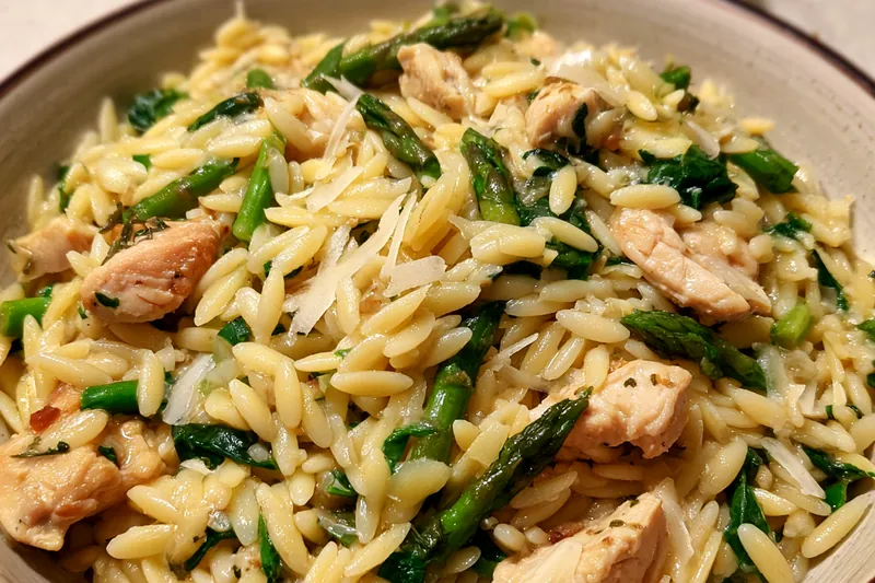 Cooking process for Creamy Chicken Asparagus Orzo