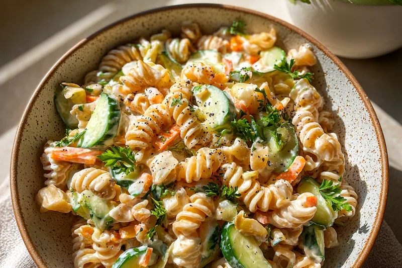 Cooking process for Creamy Cucumber Pasta Salad