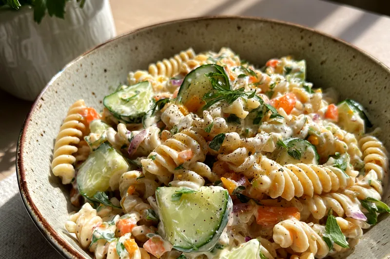 Fresh ingredients for Creamy Cucumber Pasta Salad
