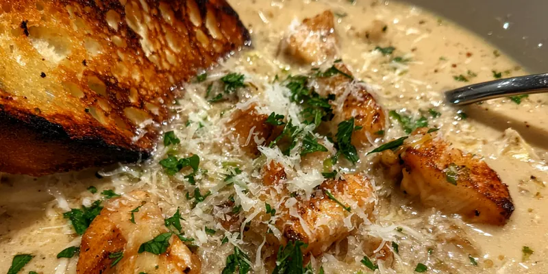 Delicious Creamy Garlic Parmesan Soup served on a plate