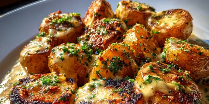 Delicious Creamy Garlic Potatoes served on a plate