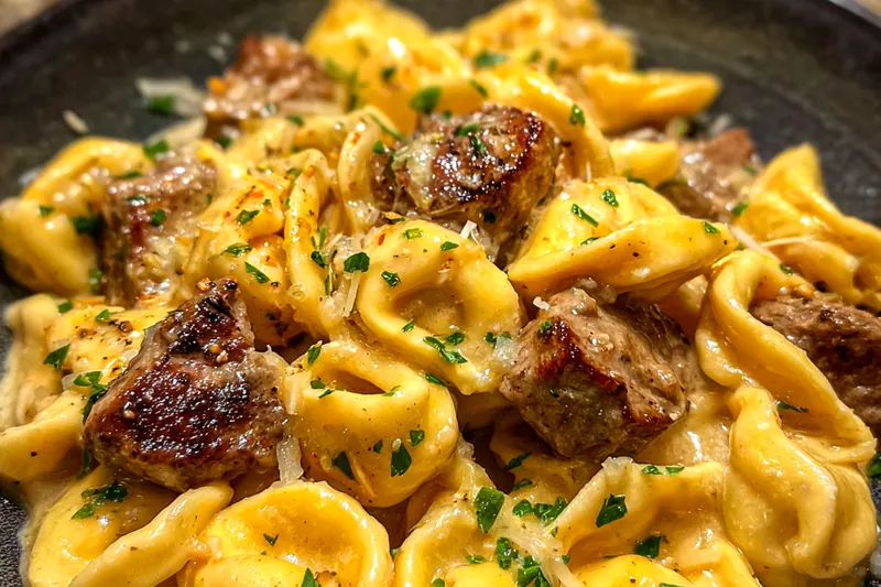 Cooking process for Creamy Garlic Steak Tortellini