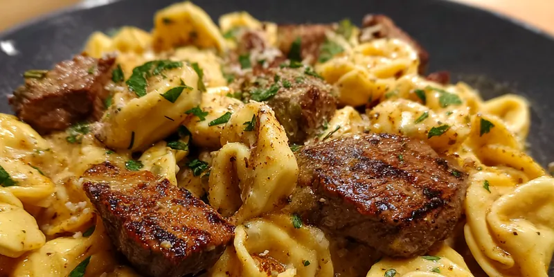 Delicious Creamy Garlic Steak Tortellini served on a plate
