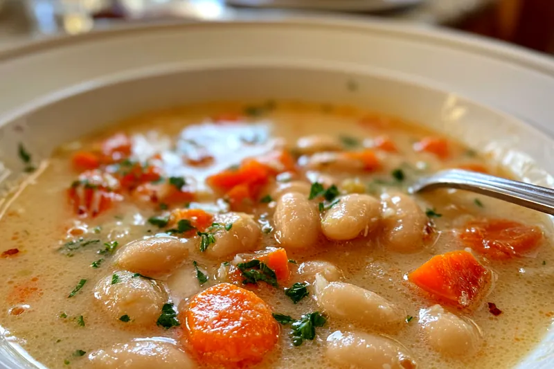 A pot of creamy Greek white bean soup simmering on the stove.