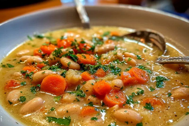 Fresh ingredients for Creamy Greek White Bean Soup, including white beans, onions, garlic, and herbs.