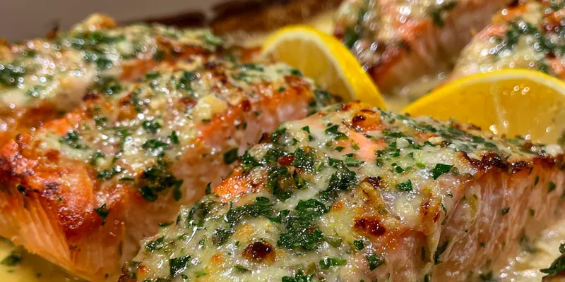 Delicious Creamy Herb Baked Salmon served on a plate
