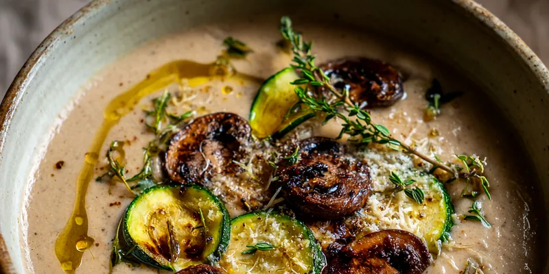 Delicious Creamy Mushroom Zucchini Soup served on a plate