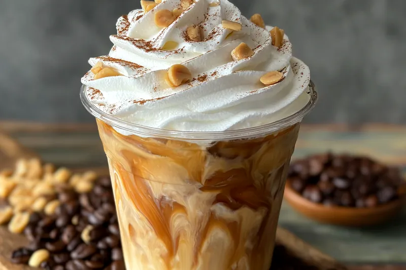 A visual step showing the blending of ingredients for Creamy Peanut Butter Iced Coffee in a high-speed blender.
