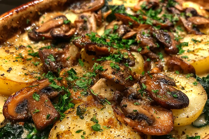 Fresh ingredients for Creamy Potato Mushroom Bake