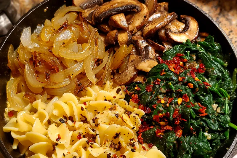 Cooking process for Creamy Spinach Mushroom Pasta
