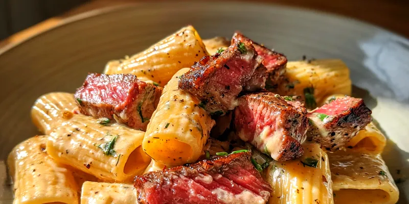 Delicious Creamy Steak Pasta served on a plate