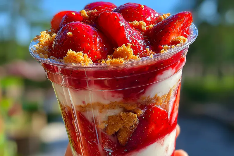 A vibrant display of fresh strawberries, cream cheese, and other ingredients for Creamy Strawberry Cheesecake Delight.