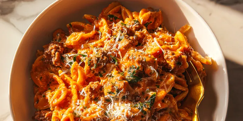 Delicious Creamy Tomato Beef Orzo served on a plate