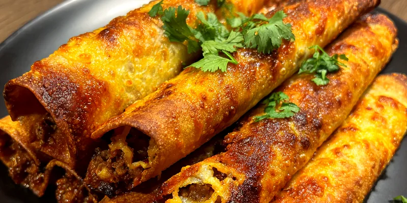 A plate of crispy beef taquitos served with sour cream and salsa, garnished with fresh cilantro.