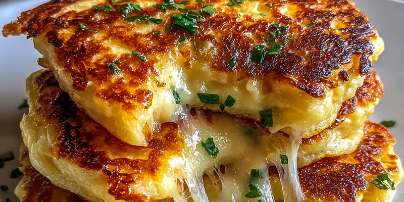 Stack of three golden-brown crispy potato patties with melted cheese stretching between them, garnished with fresh chives on a white plate