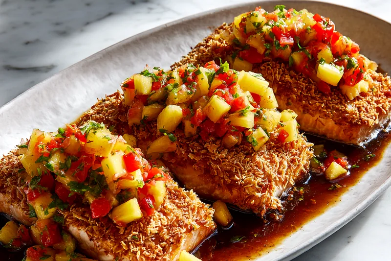 Close up of coconut crusted salmon frying in a pan, achieving a golden brown color