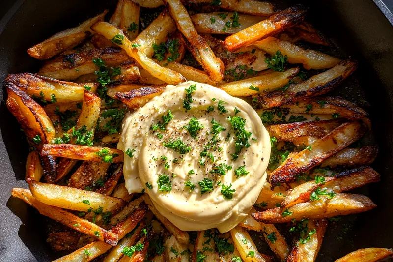 An assortment of fresh ingredients for Crispy Fries with Aioli, including potatoes, garlic, and spices.