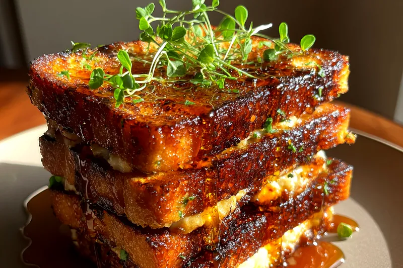 Ingredients for savory french toast: brioche loaf, eggs, cream, fresh thyme bunches, and honey bottle on a marble surface