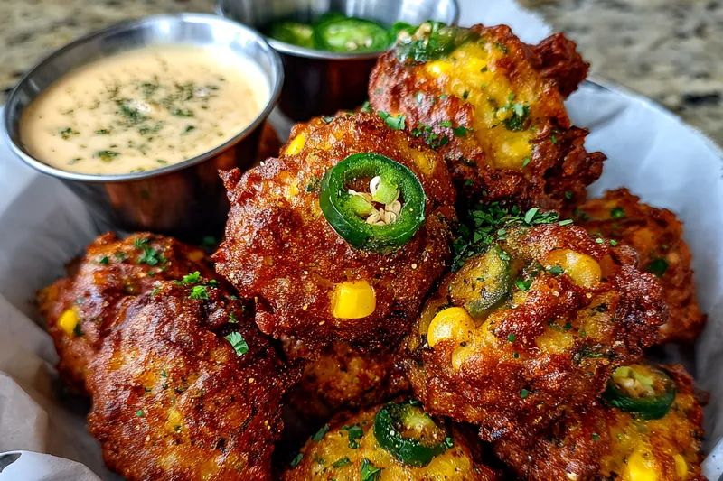 A skillet filled with sizzling Crispy Jalapeño Corn Fritters frying to a golden brown perfection.