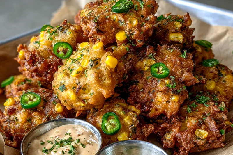 Ingredients for Crispy Jalapeño Corn Fritters arranged neatly on a countertop, including corn, jalapeños, flour, and spices.