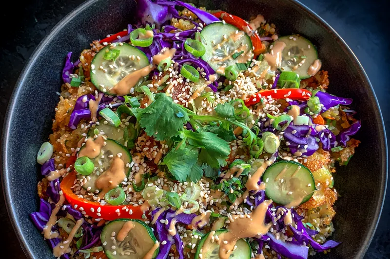 Cooking process for Crispy Rice Veggie Salad