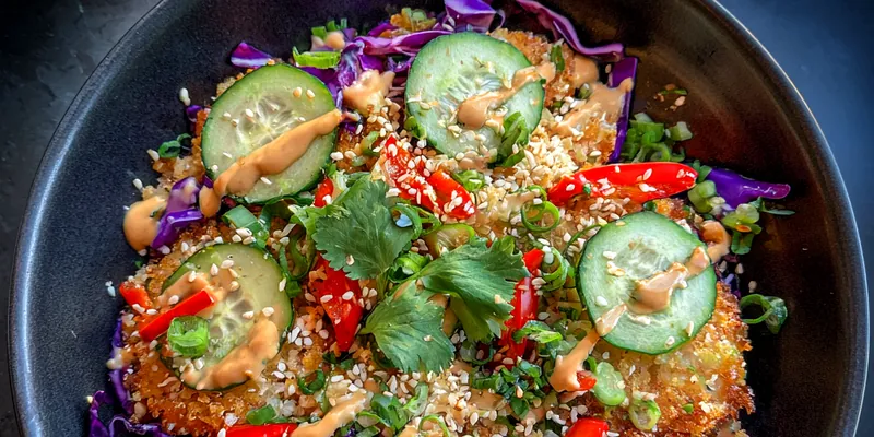 Delicious Crunchy Asian Rice Bowl served on a plate