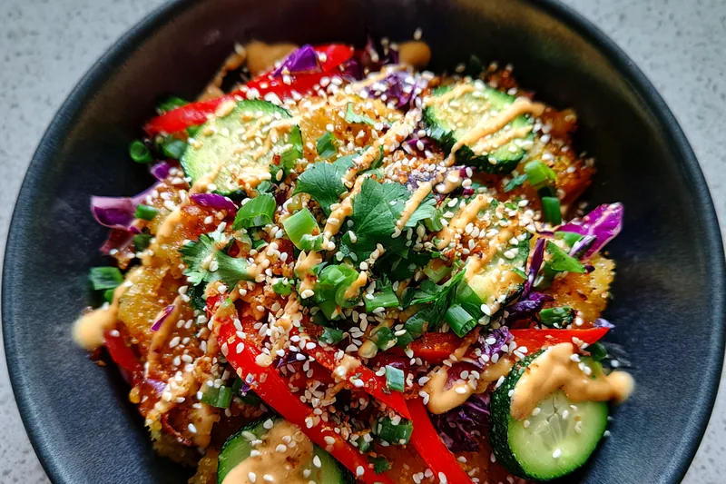 Fresh ingredients for Crunchy Asian Rice Bowl