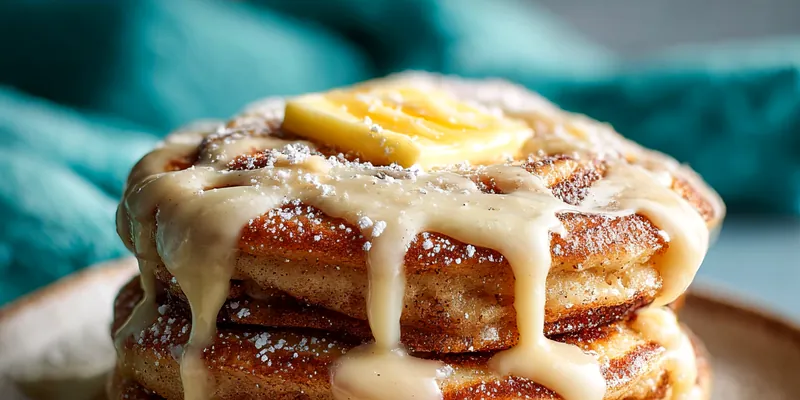 A stack of Decadent Cinnamon Roll Pancakes topped with cream cheese glaze and a sprinkle of cinnamon.