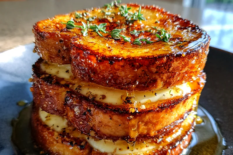 A chef caramelizing the sugar on top of the freshly baked Decadent Crème Brûlée Toast.