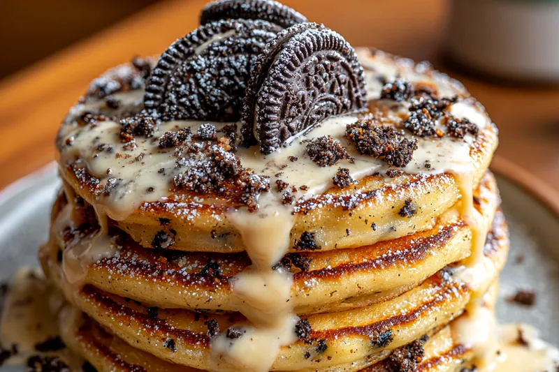 A chef flipping Decadent Oreo Pancakes on a griddle, showcasing the fluffy texture and golden color.